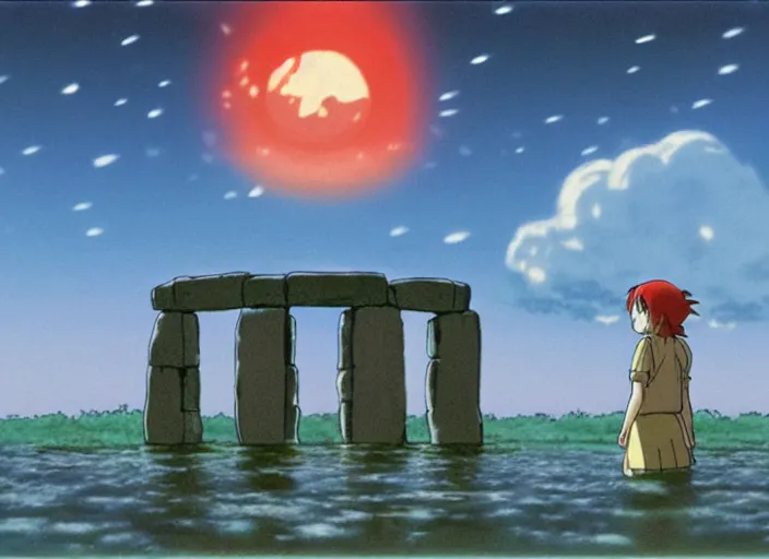 Image similar to a realistic cell - shaded studio ghibli concept art from paprika ( 2 0 0 6 ) of a flying multi - colored cube from close encounters of the third kind ( 1 9 7 7 ) and a grey long - haired witch in a flooded stonehenge on a misty starry night. very dull colors, wide shot, hd, 4 k, hq