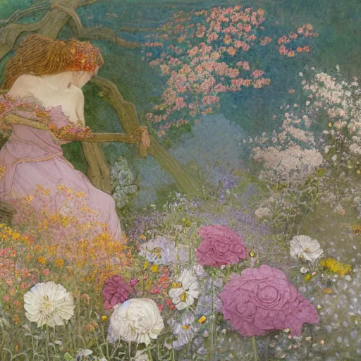 Image similar to This painting is a large canvas, covered in a wash of color. In the center is a cluster of flowers, their petals curling and twisting in on themselves. The effect is ethereal and dreamlike, and the overall effect is one of serenity and peace. caput mortuum, chalk art by W. Heath Robinson, by Albert Bierstadt, by Abbott Fuller Graves AWESOME, detailed