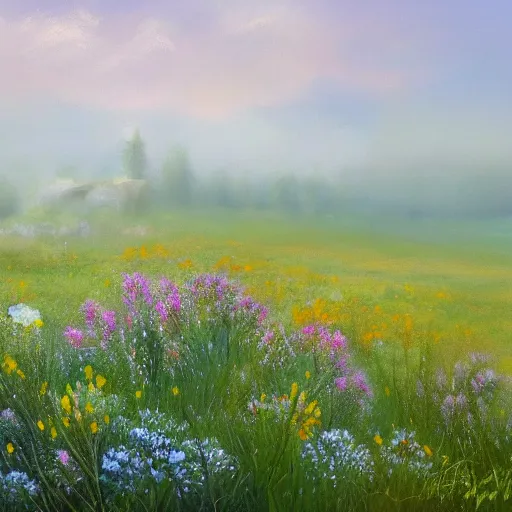 Image similar to a matte painting of a european prairie, cottages, foggy, patchy flowers, oil painting, pale colors, high detail, 8 k, wide angle, trending on artstation,