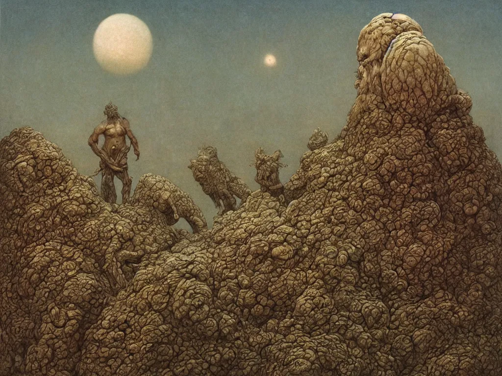 Prompt: Blazing primitive, thick-furred, bearded, evil man with giant reptilian plants on Jupiter a million years ago. Giant wind sculpted marbled boulders, menhirs, fog, spores. Artwork by Beksiński, Lucas Cranach, Moebius