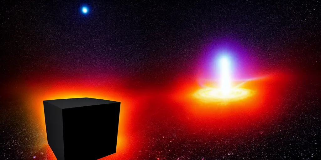 Prompt: A black cube projecting on its surface a black hole devouring galaxies and stars, floating In the middle of the ocean, Photography, Cinematic, Time-Lapse, Panorama, Field of View, 3-Dimensional, Hyperdimensional, 32k, Star, Cube, Powerful, Beautiful Lighting