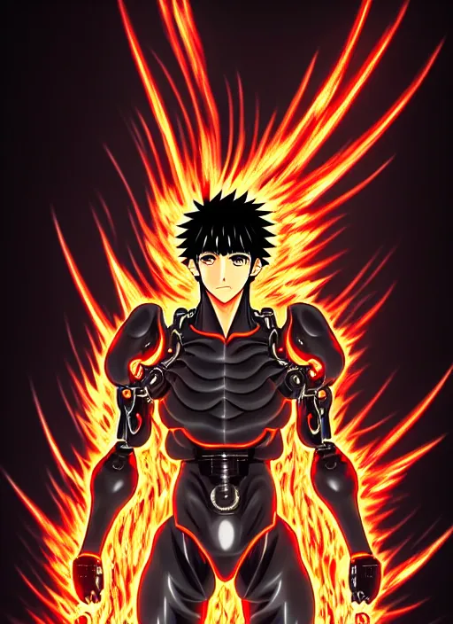 Image similar to a detailed manga full body portrait illustration of a dark haired cyborg anime man surrounded by fire by hirohiko araki, detailed artwork, realism, 4 k resolution, detailed, high quality, sharp focus, hq artwork, insane detail, volumetric lighting, character concept art, fine details, clear subject, central subject