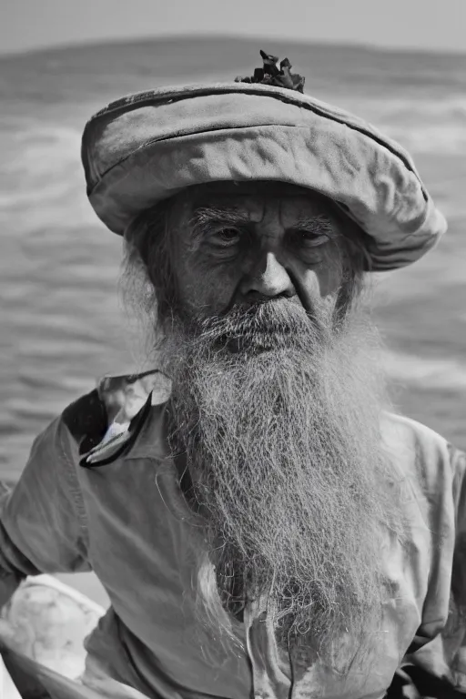 Prompt: a cinestill photograph of a grizzled old sea captain, cinestill film