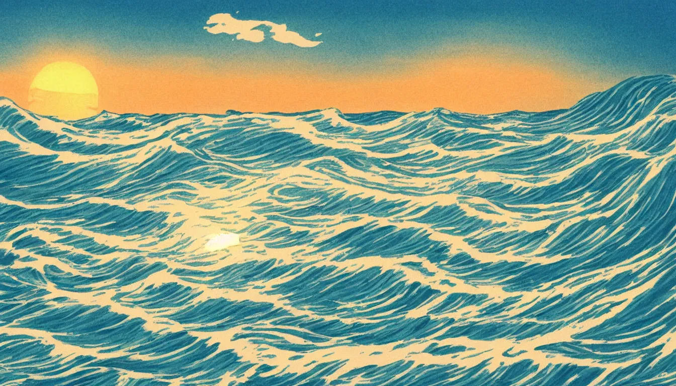 Image similar to ocean waves, setting sun, japanese illustration