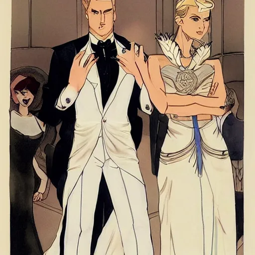 Prompt: heroic square - jawed emotionless serious blonde woman starship engineer, tribal tattoos, handsome, short slicked - back hair, sweating, uncomfortable and anxious, wearing white and gold satin victorian gown with white feathers at opulent formal dinner, looking distracted, awkward, mike mignogna, david mack