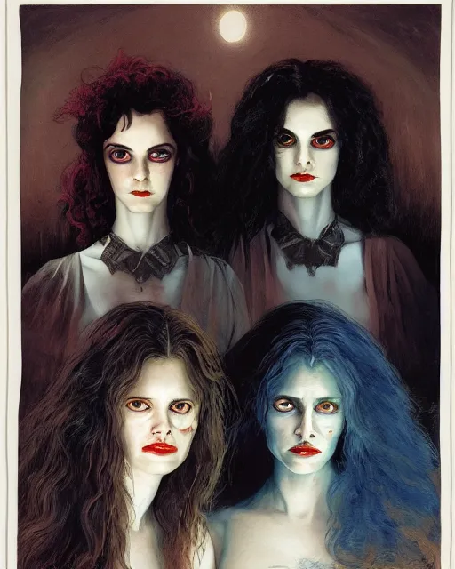 Image similar to two handsome but sinister young women in layers of fear, with haunted eyes and wild hair, 1 9 7 0 s, seventies, wallpaper, a little blood, moonlight showing injuries, delicate embellishments, painterly, offset printing technique, by john howe, brom, robert henri, walter popp