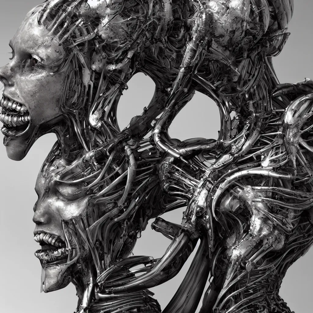 Image similar to a beautiful female is infected with a biomechanical suit, octane render, hyper realistic, art by hr giger, full profile, epic angle