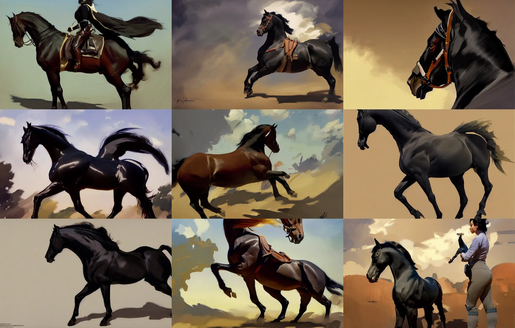 Prompt: cloth fabric black horse stallion jodhpurs side view greg manchess painting by sargent and leyendecker, studio ghibli, fantasy, medium shot, asymmetrical, intricate, elegant, matte painting, illustration, hearthstone, by greg rutkowski, by greg tocchini, by james gilleard, by joe fenton