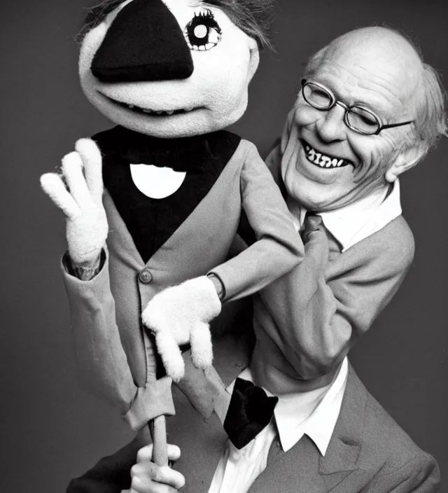 Prompt: hyper realistic old 1 9 8 0 photography of lunatic mad smiling ventriloquist old man with terrific haunted smiling puppet