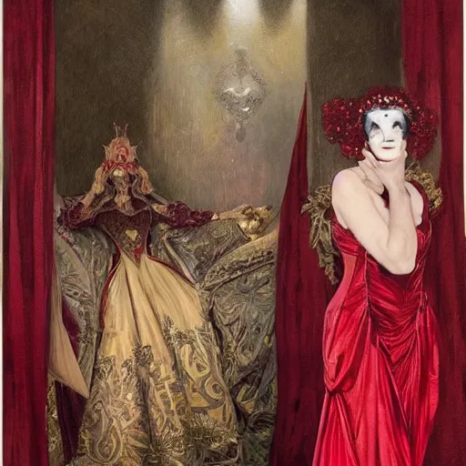 Image similar to an ultra - realistic portrait of a vampire queen in an ostentatiously beautiful blood red dress with gold trim and a long leg slit, 4 k, a masquerade ball in the background with other guests out of focus, sharp focus, detailed face, art by john collier and albert aublet and krenz cushart and artem demura and alphonse mucha