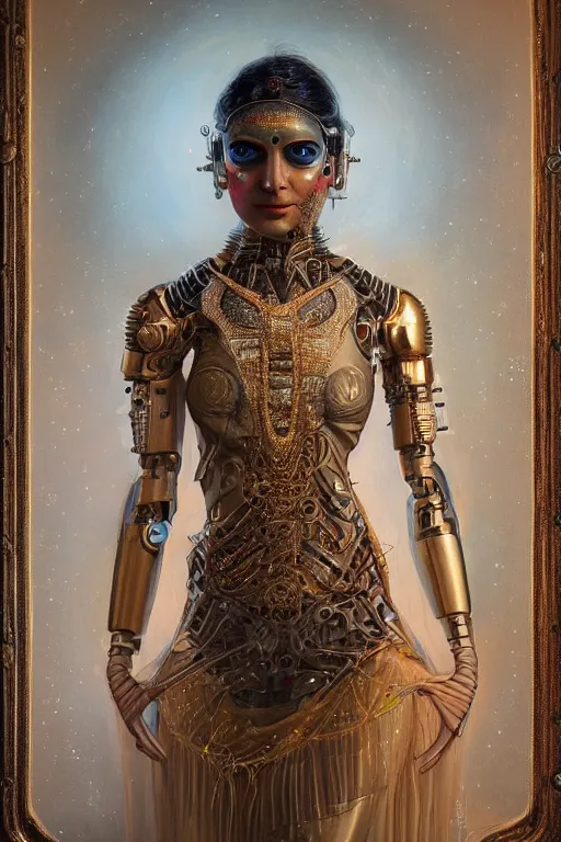 Prompt: a beautiful ultradetailed fine art photo of a cybernetic biomimetic cyborg indian classical dancer, by tom bagshaw and anna dittman, portrait, 3 5 mm lens, golden ratio composition, detailed face, techno eyes, studio photography, very detailed, artstation, 8 k, highly coherent