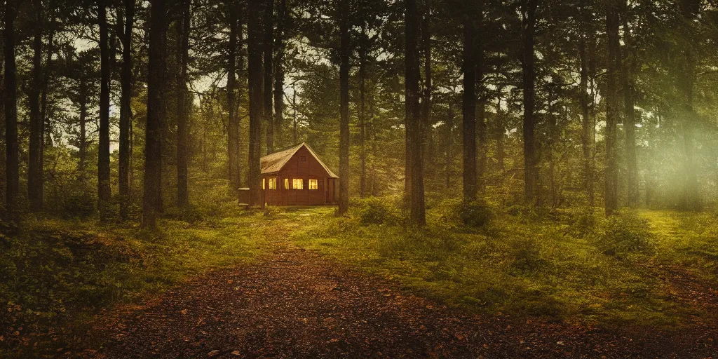 Prompt: a cottage in the woods and empty woods, 80mm lens, 8k, fantasy, hyper realistic, dramatic lighting, cinematic