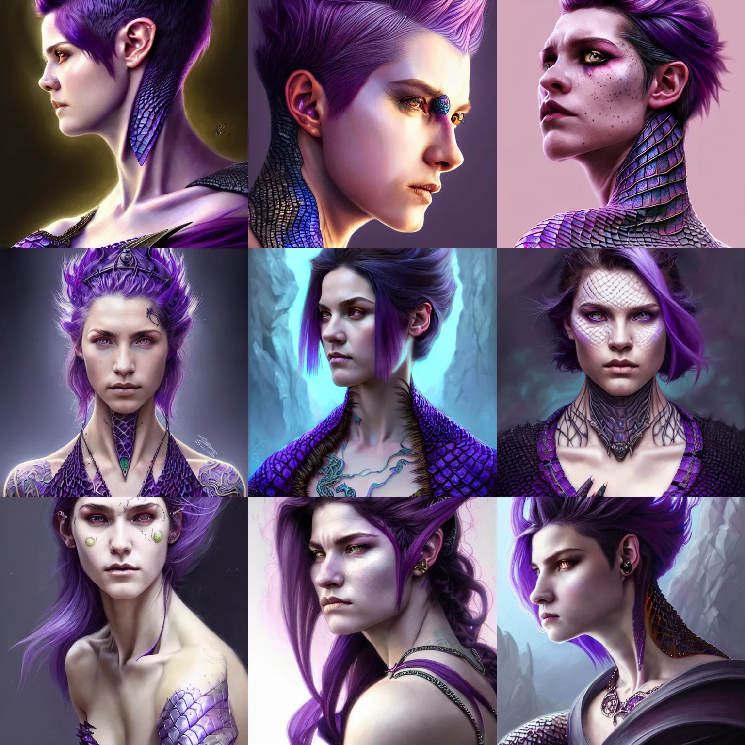 Prompt: Portrait of rugged dragonic female sorcerer, D&D, dragon scales across skin, undercut haircut, purple tip hair, fantasy, intricate, elegant, highly detailed, digital painting, artstation, concept art, smooth, sharp focus, illustration, art by artgerm and greg rutkowski and alphonse mucha