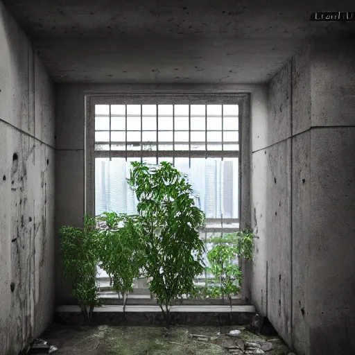 Prompt: interior of a building in an overgrown abandoned hong kong, light pouring through a small window, deserted and decaying concrete, vines growing on the walls, unreal engine 5, raytracing, artstation, 8k