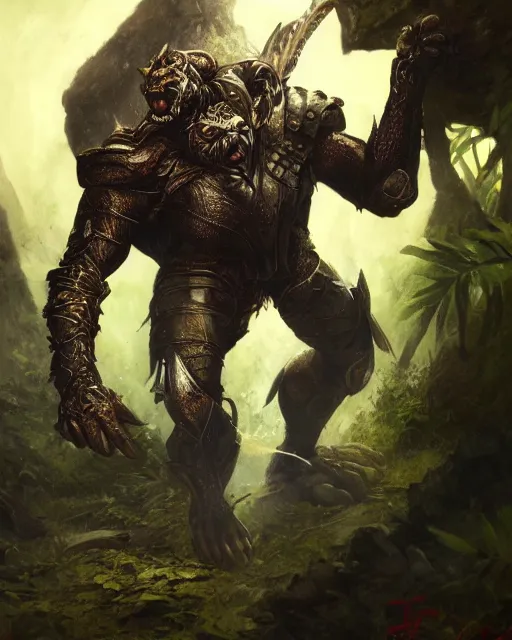 Image similar to Panther warrior in armor sneaking in jungle, portrait, magic the gathering artwork, D&D, fantasy, cinematic lighting, centered, symmetrical, highly detailed, digital painting, artstation, concept art, smooth, sharp focus, illustration, volumetric lighting, epic Composition, 8k, art by Akihiko Yoshida and Greg Rutkowski and Craig Mullins, oil painting, cgsociety