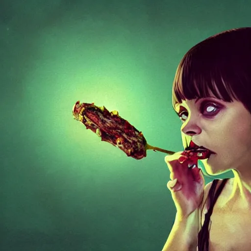 Image similar to zombie christina ricci eating a clove of garlic, art by beeple