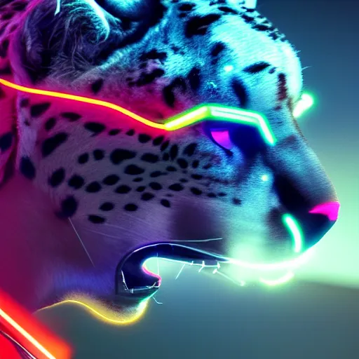 Prompt: profile shot of a neon cybernetic cheetah, city lights, strong bokeh, dramatic, cinematic, high contrast, artstation, octane render, 4k