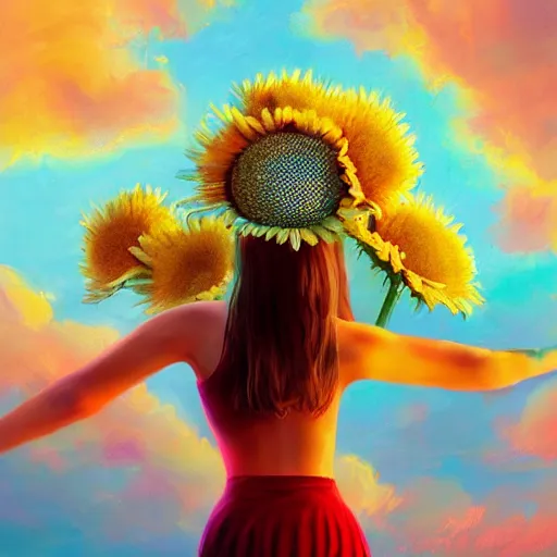 Image similar to head made of giant daisies, girl dancing barefoot in a vast flower field, arms behind back, surreal photography, sunrise dramatic light, impressionist painting, colorful clouds, large sky, digital painting, artstation, simon stalenhag, flower face