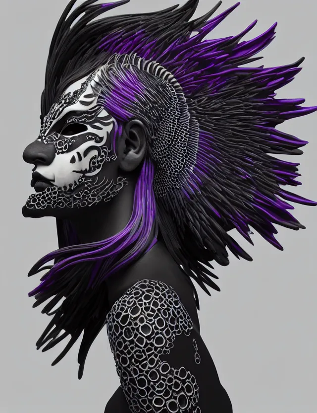 Image similar to 3 d goddess close - up profile simple portrait punk with mohawk with tiger skull. beautiful intricately detailed japanese crow kitsune mask and clasical japanese kimono. betta fish, jellyfish phoenix, bio luminescent, plasma, ice, water, wind, creature, artwork by tooth wu and wlop and beeple and greg rutkowski