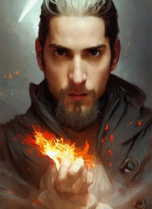 Prompt: character concept portrait of an attractive young focused Spanish wizard with pale red enchanting a flaming fire spell, a floating burning spell book in the center, intricate, elegant, digital painting, concept art, smooth, sharp focus, illustration, from Metal Gear, by Ruan Jia and Mandy Jurgens and William-Adolphe Bouguereau, Artgerm