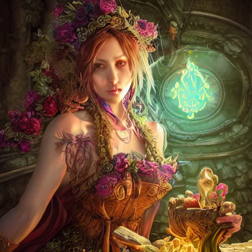 Image similar to the portrait of chaotic good female druid alchemist as absurdly beautiful, gorgeous, elegant, gravure idol, an ultrafine hyperdetailed illustration by kim jung gi, irakli nadar, intricate linework, sharp focus, bright colors, octopath traveler, final fantasy, unreal engine 5 highly rendered, global illumination, radiant light, detailed and intricate environment