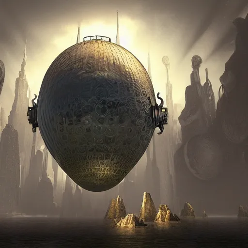 Image similar to enormous flying city in a faberge egg, sky, steampunk, fantasy art, masterpiece, hugh ferriss, unreal engine, peder balke