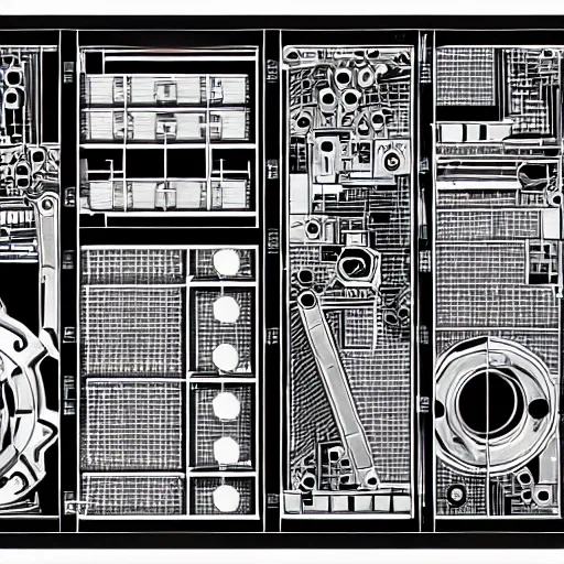 Prompt: mechanical panel lines, black and white, front view!!