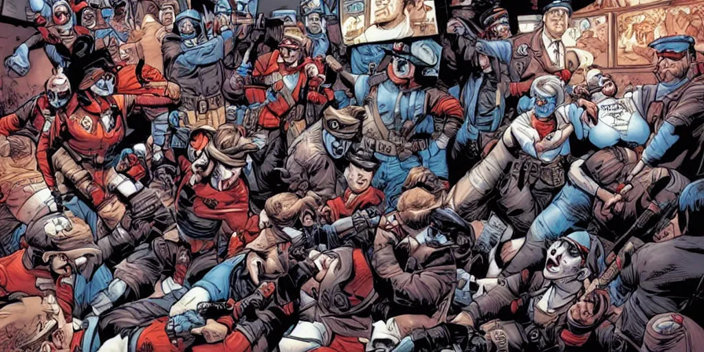 Image similar to Keystone cops fighting Harley Quinn. Epic painting by James Gurney and Laurie Greasley.