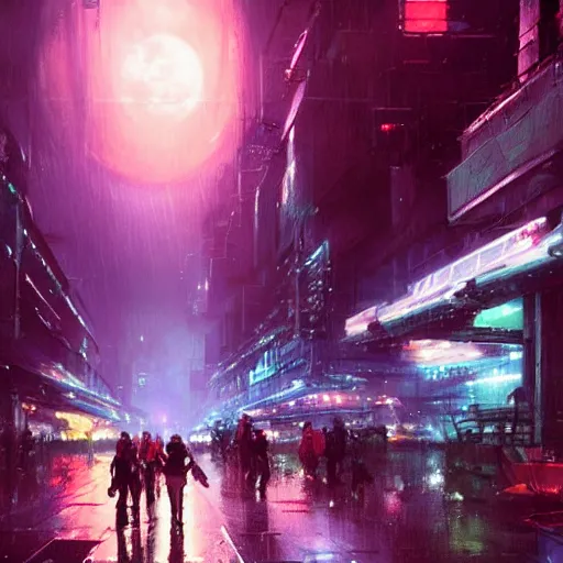 Image similar to a rundown futuristic city scene at night with neon lights and the moon high in the sky and raining, sci fi splash art by craig mullins, greg rutkowski