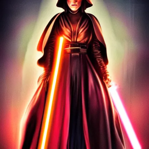 Prompt: emma watson as a sith lord with a cloak and a lightsaber, commissioned fan art