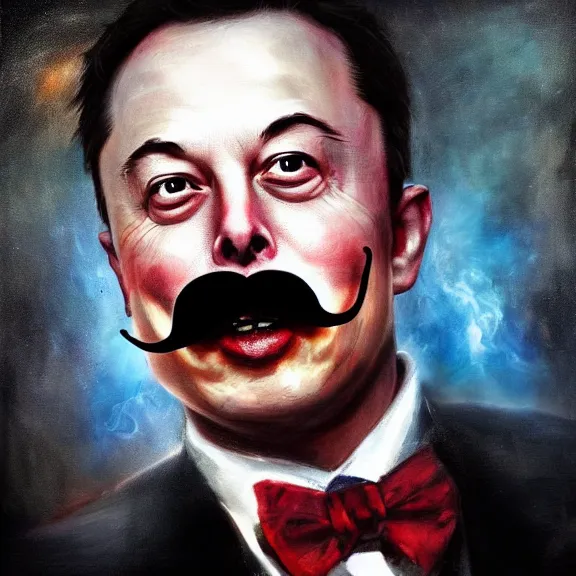 Image similar to elon musk as the grim-hatter with evil mustache grinning, cinematic, dark oil paint, realistic flavor, decaying rich colors!, instagram photo