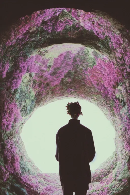 Image similar to kodak portra 4 0 0 photograph of a skinny guy looking into a otherworldly portal, flower crown, back view, vaporwave colors, grain, moody lighting, moody aesthetic,