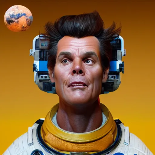 Image similar to hyperrealistic image of ace ventura pet detective astronaut, stunning 3 d render, inspired by istvan sandorfi & greg rutkowski & unreal engine, perfect symmetry, dim volumetric cinematic lighting, 8 k octane comprehensive render, extremely hyper - detailed, incredibly lifelike attributes, intricate, real flesh texture, masterpiece, artstation, stunning,