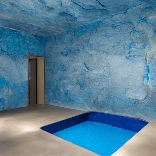 Prompt: a startrek futuristic large room with walls and floor made of blue rock. There is a small swimming pool on the floor