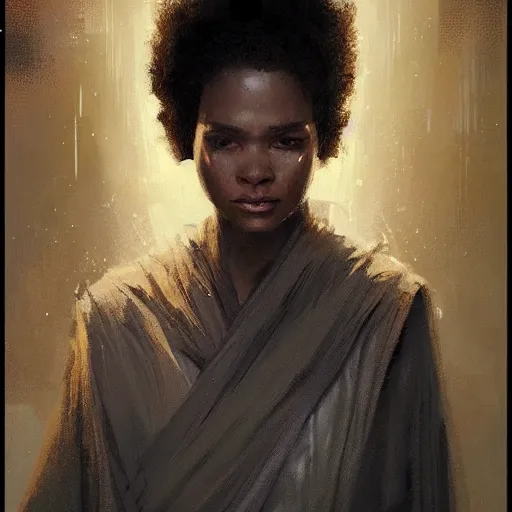 Image similar to portrait of a woman by greg rutkowski, youn jedi knight, black, afro hair, prettt, star wars expanded universe, she is about 2 0 years old, wearing jedi robes, highly detailed portrait, digital painting, artstation, concept art, smooth, sharp foccus ilustration, artstation hq