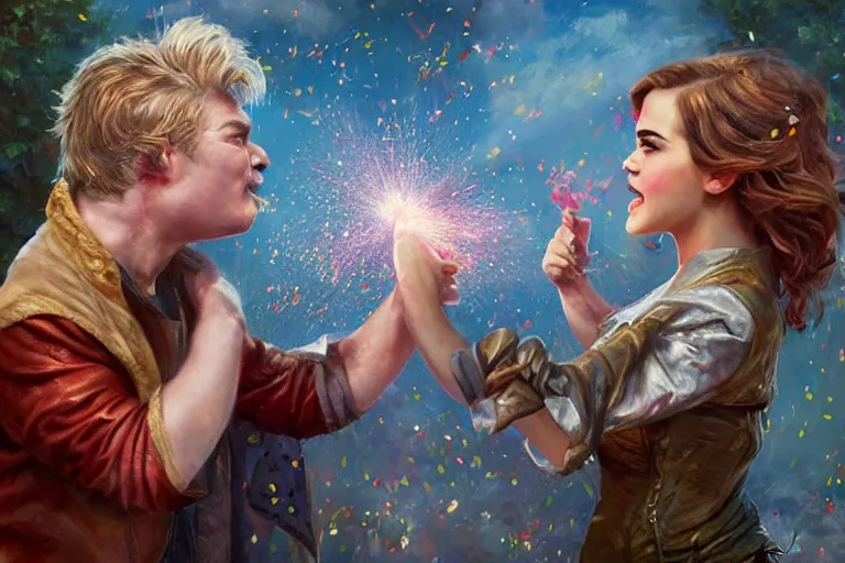 Prompt: portrait of rip taylor throwing confetti at an upset emma watson, an oil painting by ross tran and thomas kincade