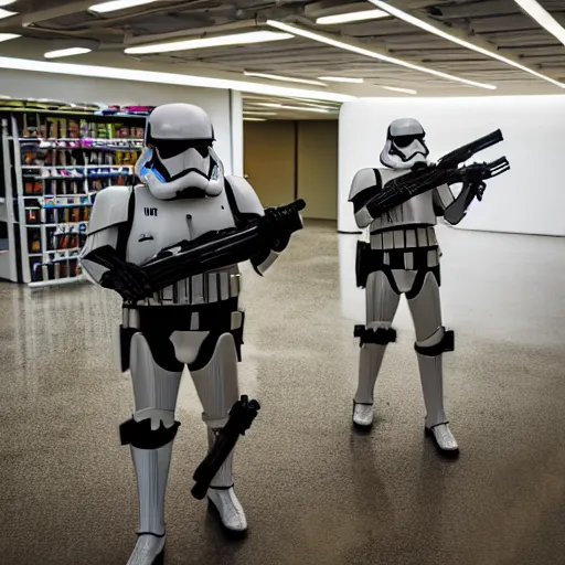 Image similar to Star wars troopers fighting with bananas in a supermarkets fish area, the star wars troopers try shooting and hitting other troopers with bananas, high perspective inside the store, high field of view, 40nm lens, split lighting, 4k,