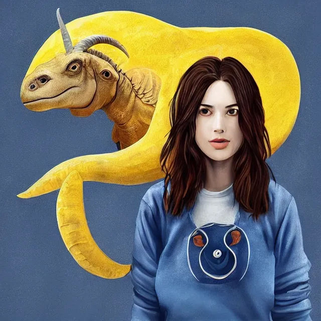 Image similar to “beautiful young woman with brown hair, goat ears and goat horns, a yellow t-shirt and blue overalls riding a dinosaur , digital art, beautiful composition, trending on artstation and deviantart, masterpiece”