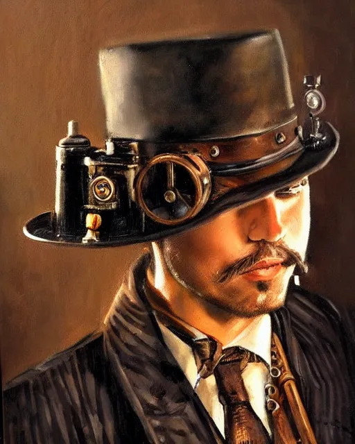 Prompt: steampunk male, handsome, steampunk hat, detective coat, steampunk monocle, dramatic oil painting by robert lesser, pulp art, dramatic lighting, sharp focus, luminous,