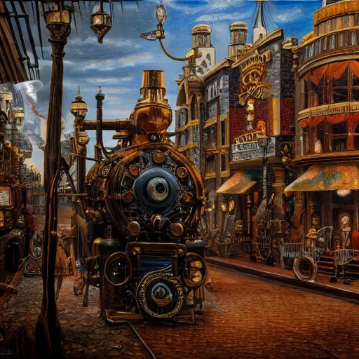 Image similar to fantasy steam punk machine walks through the center of a dallas, extremely detailed oil painting, 1 9 2 0's colored pencil, highly detailed, highly accurate, deep aesthetic, 8 k, highly ornate intricate details, cinematic lighting, rich colors, beautiful scenic view, ray tracing, hyperrealistic, photorealistic, cinematic landscape, trending on artstation, concept art,