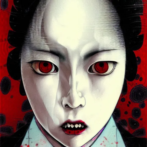 Image similar to yoshitaka amano blurred and dreamy realistic three quarter angle horror portrait of a sinister young woman with short hair, horns and red eyes wearing office suit with tie, junji ito abstract patterns in the background, satoshi kon anime, noisy film grain effect, highly detailed, renaissance oil painting, weird portrait angle, blurred lost edges