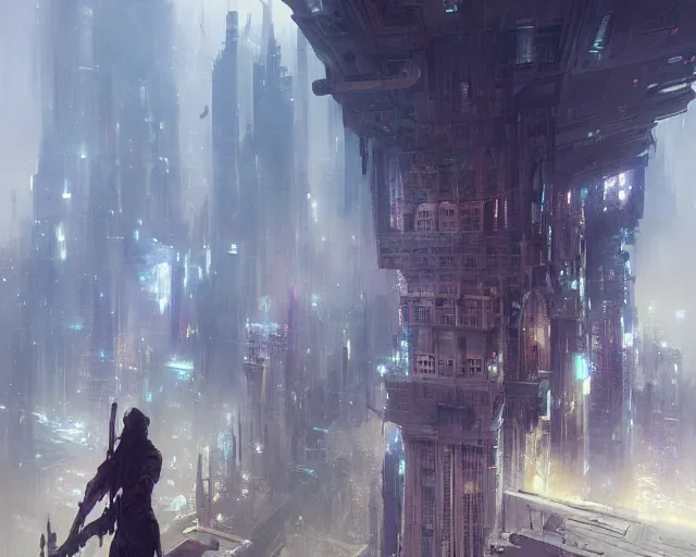 Image similar to great 5-dimensional city, a sci-fi digital painting by Greg Rutkowski and James Gurney, trending on Artstation, eerily beautiful, highly detailed