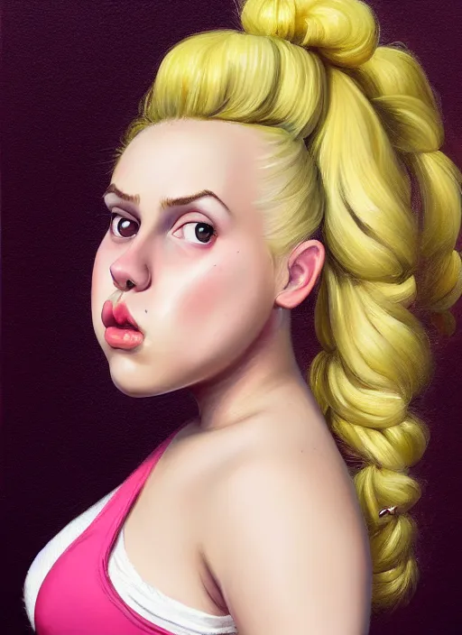 Image similar to full body teenage betty cooper, blonde hair, obese, bangs, ponytail, sultry, realistic, sultry smirk, ponytail, fluffy bangs, curly bangs, fat, belly, beautiful girl, intricate, elegant, highly detailed, digital painting, artstation, concept art, smooth, sharp focus, illustration, art by wlop, mars ravelo and greg rutkowski