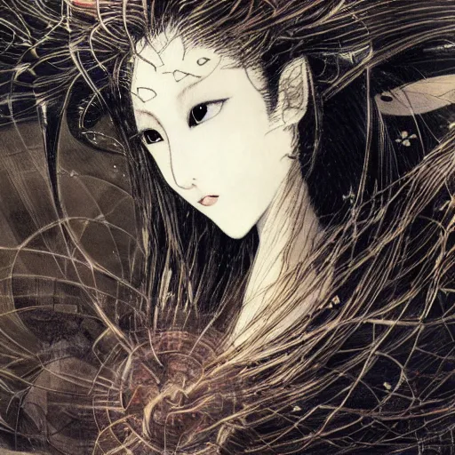 Prompt: yoshitaka amano blurred and dreamy realistic illustration of a japanese woman with black eyes, wavy white hair fluttering in the wind wearing elden ring armor with engraving, abstract patterns in the background, satoshi kon anime, noisy film grain effect, highly detailed, renaissance oil painting, weird portrait angle, blurred lost edges, three quarter view