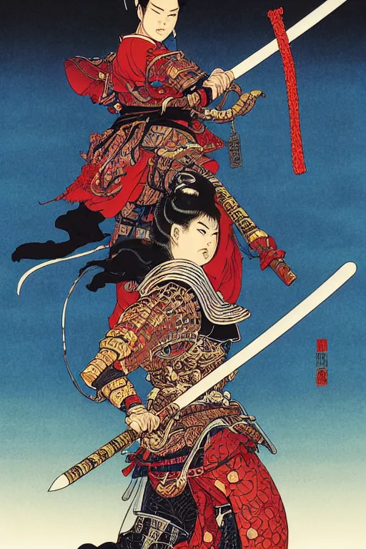 Image similar to poster of sara duterte as a samurai, by yoichi hatakenaka, masamune shirow, josan gonzales and dan mumford, ayami kojima, takato yamamoto, barclay shaw, karol bak, yukito kishiro, highly detailed