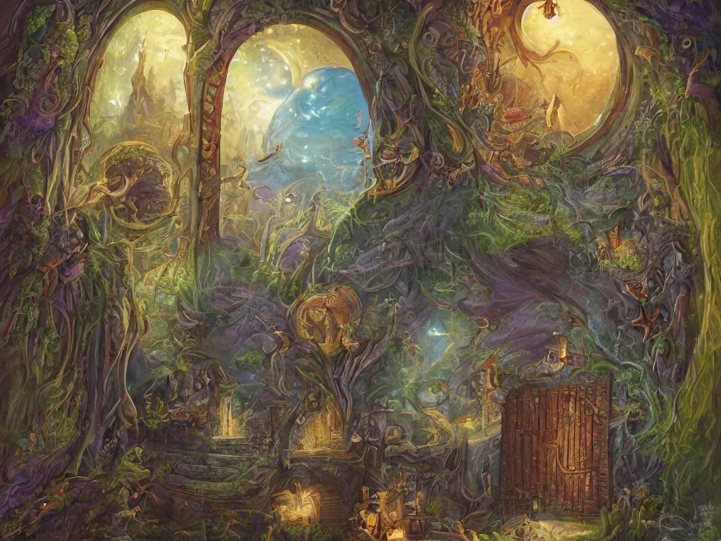 Prompt: detailed painting of a magical book that is a portal to a fantasy realm