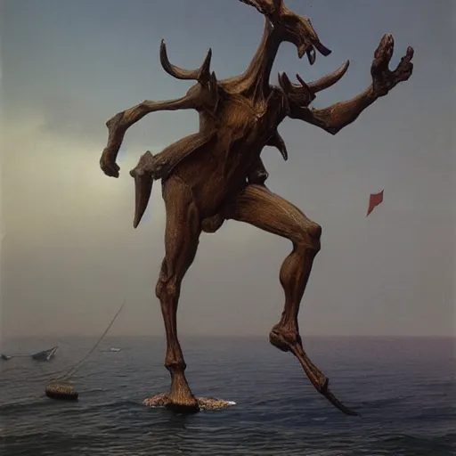 Image similar to anthropomorphic moose pirate humanoid by zdzisław beksinski, pirate ship, sea, fantasy