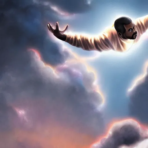 Image similar to kanye west ascending into heaven, holy, digital art, high quality, high resolution