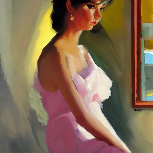 Image similar to an oil on canvas painting of a beautiful feminine woman from the 60's, leaning against the wall, living room, figurative art, studio portrait, deviantart, cgsociety, chiaroscuro, acrylic art, by Elmer Bischoff, by Michael Garmash