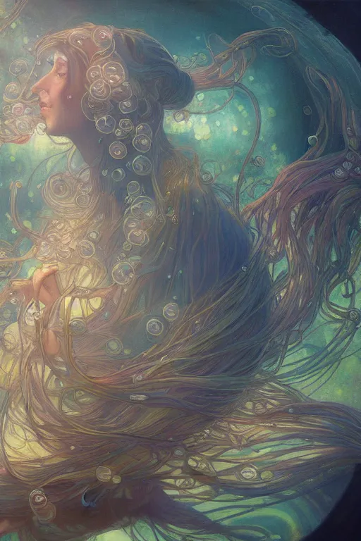 Image similar to a beautiful painting of a cylindrical aquarium with lots of jellyfish, ray of light, shimmering and prismatic, rococo, by krenz cushart and mucha and monet, trending on artstation.